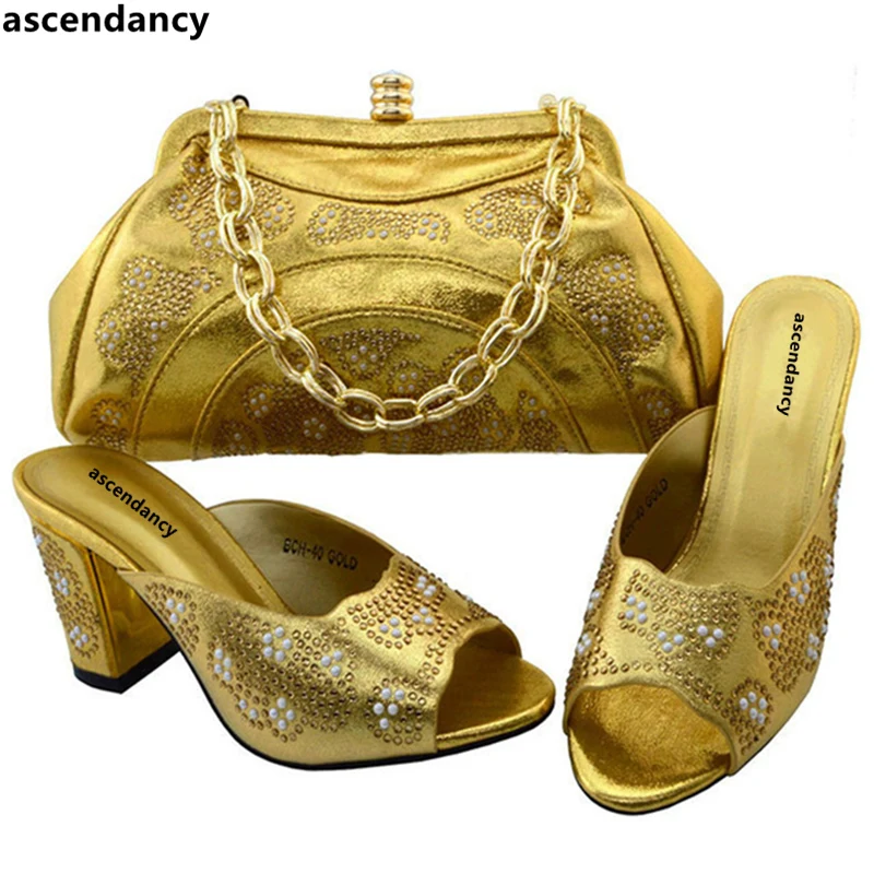 

New Arrival Black Color Sales In Women Matching Shoes and Bag Set Decorated with Rhinestone High Quality African Wedding Shoes