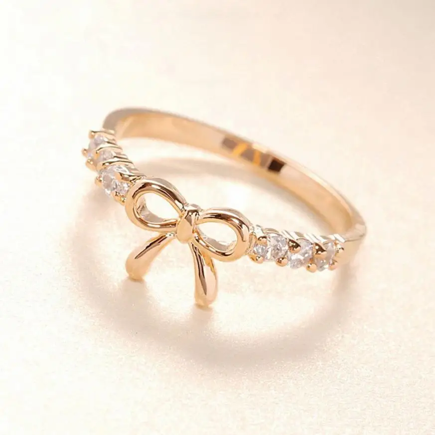 

Fashion Elegant Women Girls Gold Silver Rings Korean Jewelry Simple Crystal Bow Ring Free Shipping A60