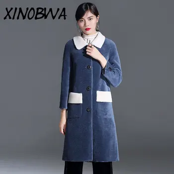 

Europe New Women Winter High Street Fashion Turn Down Collar Pockets Single Breasted 100%Wool Blends Coat Ladies Elegant Outwear