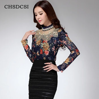 

CHSDCSI 3XL Sexy Lace Tops blusas new Slim Plus size lace blouse long sleeve Casual shirt beaded openwork Women clothing