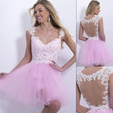 2016 elegantes V-ausschnitt a-linie Perlen Schößchen Spitze Weiß Cocktailkleider Kurze Mini Über Knie Länge Sexy Backless Rosa Party Kleid