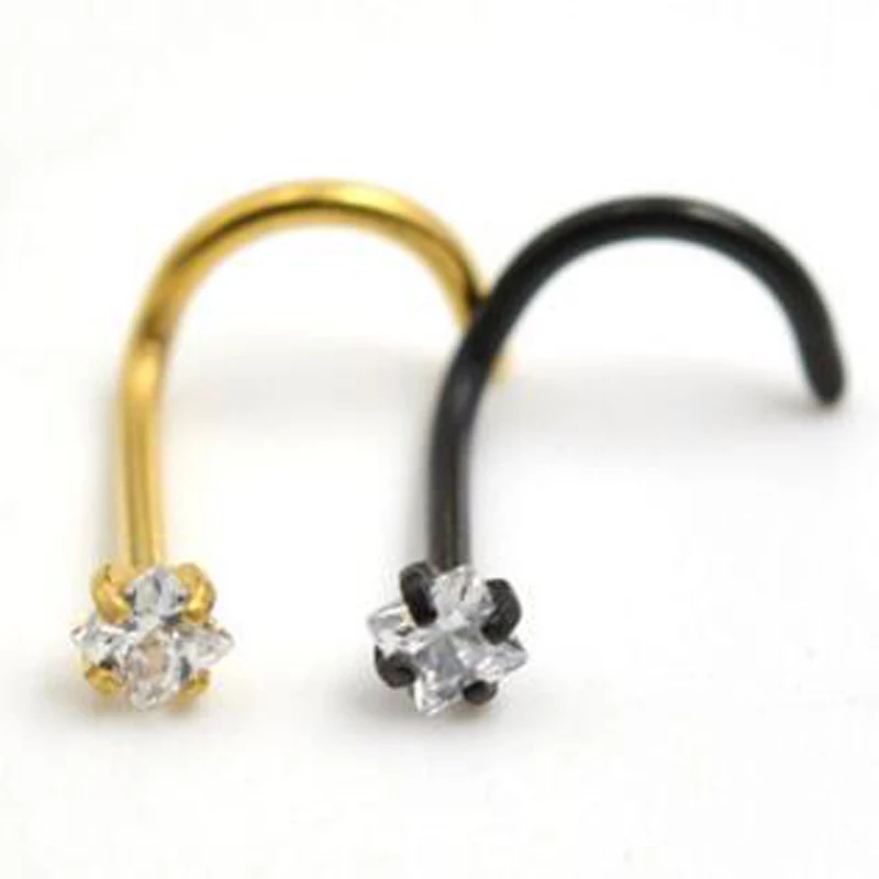 2 Piece 0.8mmx7x2mm nostril Ring nose stud Rings Square Zircon Nose Studs Twist Screw Septum Piercing Body Jewelry | Украшения и