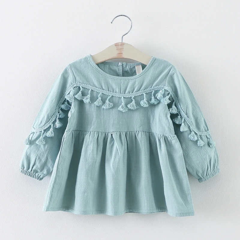 

100% Cotton Spring Autumn Princess Baby Girls Long Sleeve O Neck Tassels Kids Infant Tutu Dress vestidos roupas de bebe