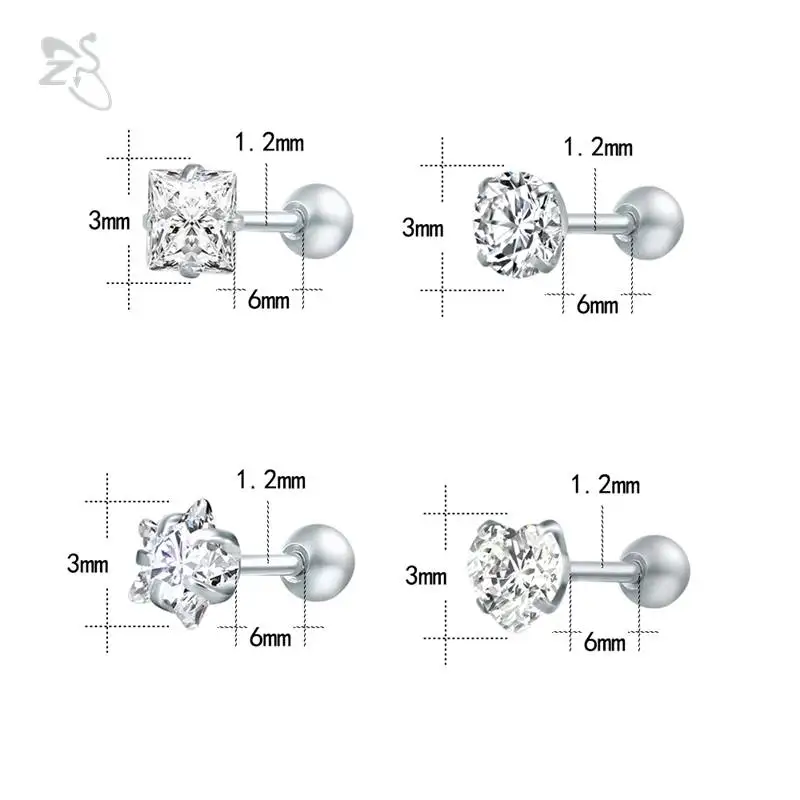 ZS 4 пар/лот, серьги-гвоздики с круглыми кристаллами, серьги в виде сердца из нержавеющей стали для женщин, детские металлические серьги, серьги для женщин