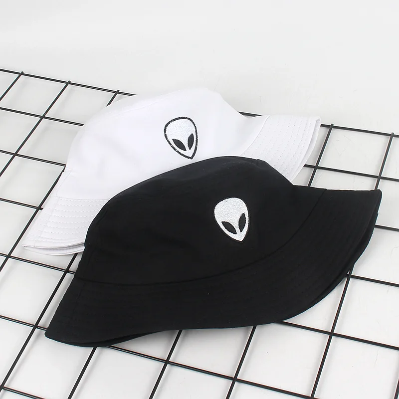 Outdoor Summer Men Casual alien Embroidery Bucket Hat Solid Black and White Sun Hat Women's Flap Fisherman Caps Gorros