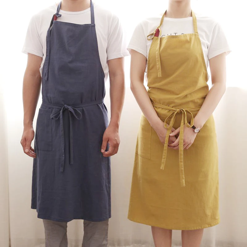 New Aprons Simple Washed Cotton Korean Style Uniform Unisex Adult Aprons for Woman Men's Male Lady's Kitchen Cooking Pinafores