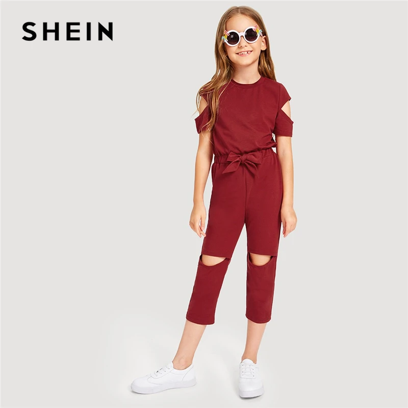 

SHEIN Kiddie Burgundy Cold Shoulder Zip Back Cut Out Drawstring Waist Jumpsuit 2019 Summer Short Sleeve Casual Girls Jumpsuits