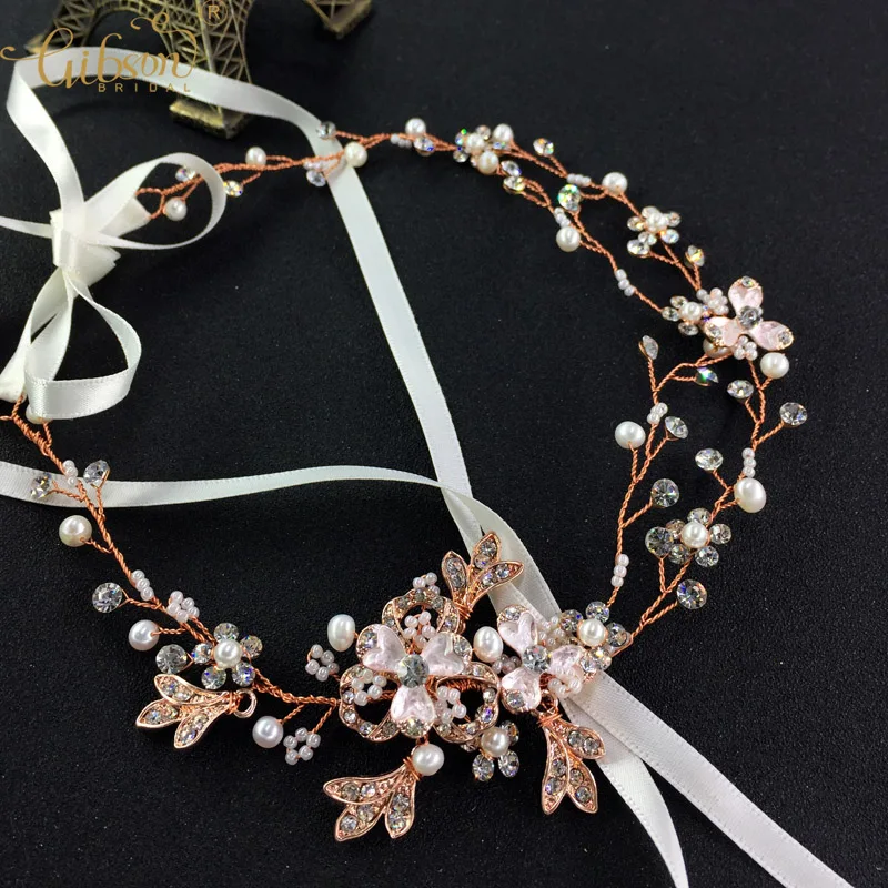 

Gibsonbridal Rose Gold Silver Colors Freshwater Pearl And Rhinstone Handmade Wedding Headpiece Bride Hair Vine Wedding Accessory