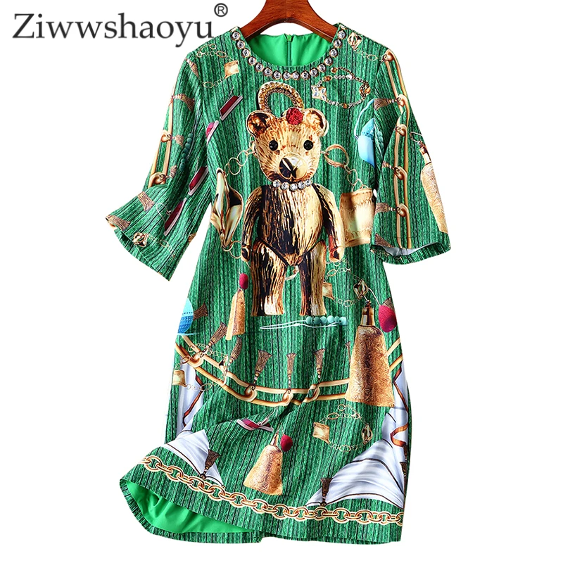 

Ziwwshaoyu Fashion artoon Print dresses O-Neck Diamonds temperament Slim Loose dress Spring and summer new women's