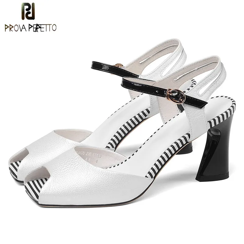 

Prova Perfetto New Fashion Fish Head Sandals Women Strange High Heels Real Leather Pumps Shoes Woman Buckle Strap Ladies Sandals