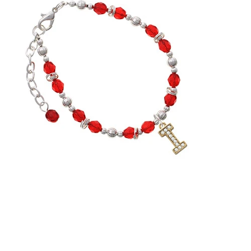 Goldtone Crystal Initial - I - Red Beaded Bracelet