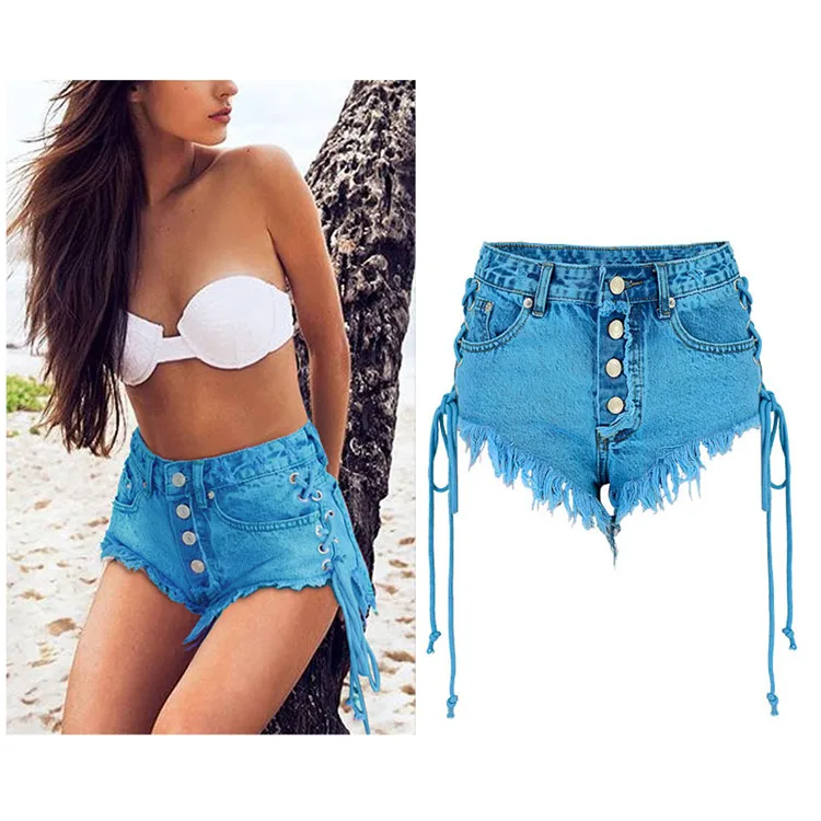 European and American women's Amazon summer high waist buckle worn out double side straps Makalong blue cattle (1)