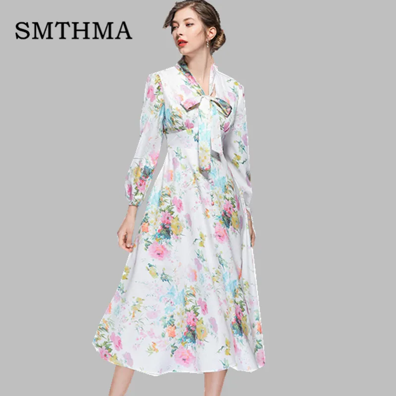 

SMTHMA 2019 Fashion Woman Spring Dress Printin Female Midi Dresses Runway Dress For Female Party Vintage Dresses