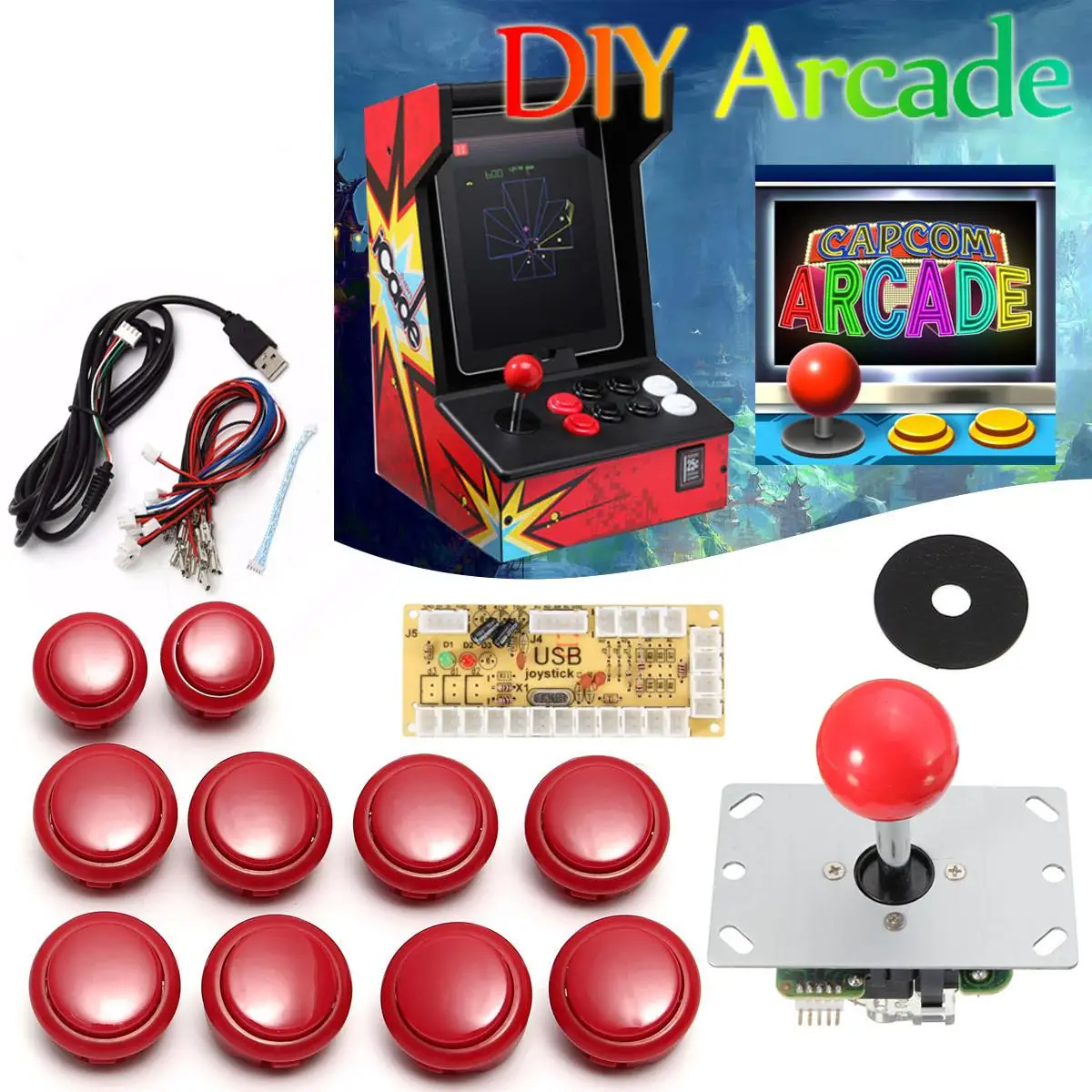 

DIY Arcade Set Kits 5 Pin Joystick 24mm/30mm Push Buttons Replacement Parts USB Cable Encoder Board To PC Joystick&Buttons