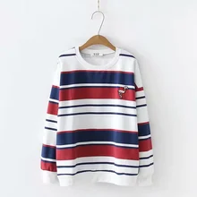 Весенне-осенние свободные футболки в консервативном стиле женские повседневные футболки с круглым вырезом и длинными рукавами с вышивкой в полоску Женские Новые Топы