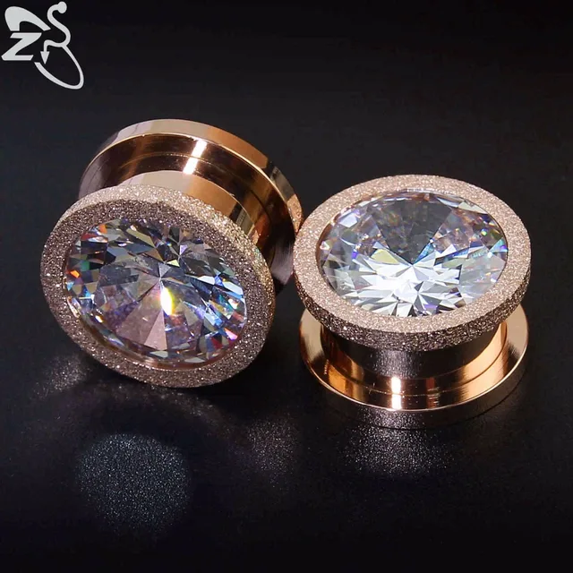 Rose Gold Stainless Steel Screw Ear Tunnel Plug Big White Cubic Zircon