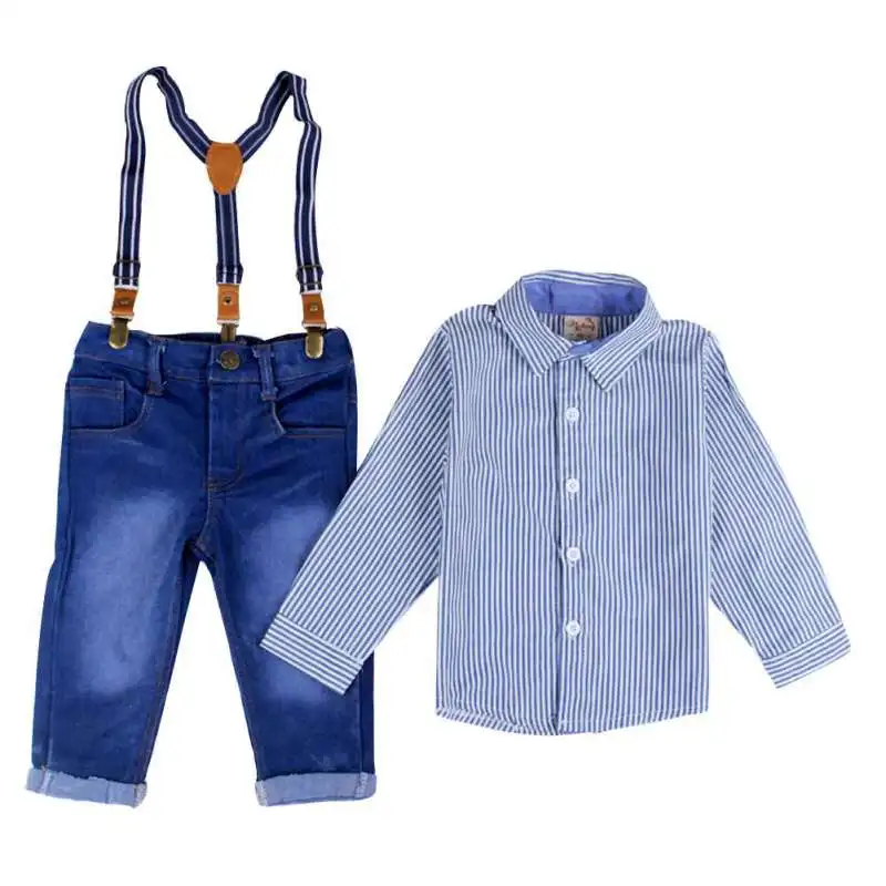 2 Pcs Baby Boy Suspender Gentlement Suits Overalls Jeans Striped Full Shirt Kid Spring Clothing Sets