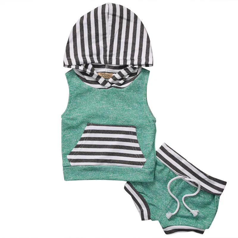 

2017 New Arrival Baby Boy Girls Summer Clothes Sets Sleeveless Hoodies Tops + Striped Shorts 2PCS Infant Set 0-4Y