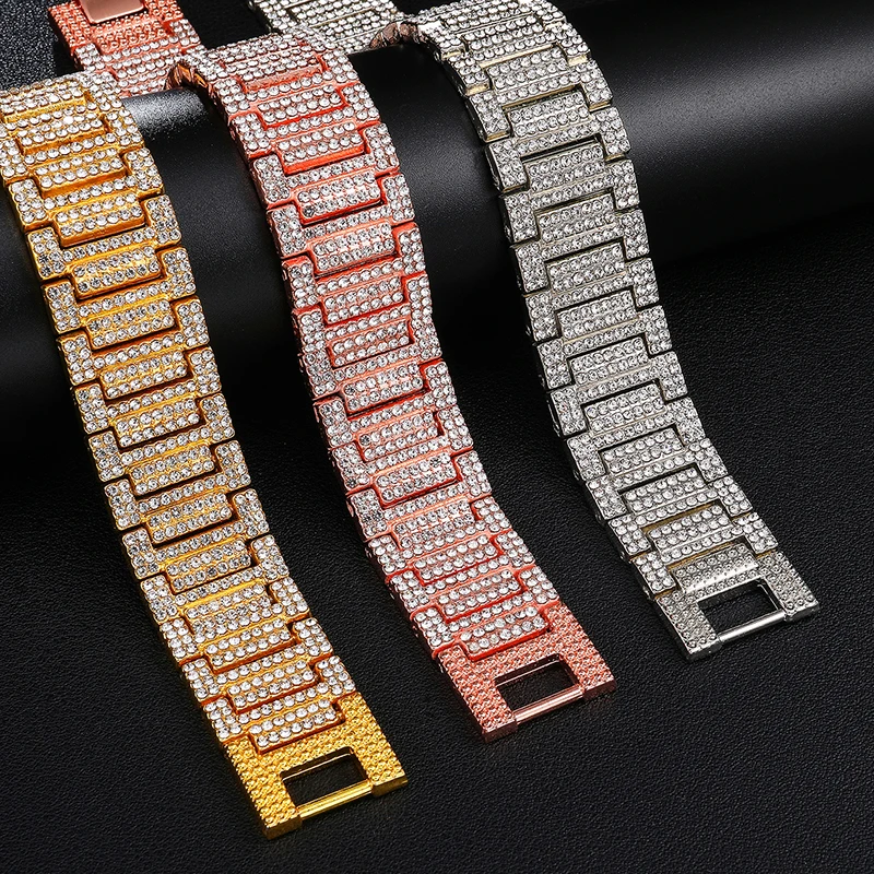 Хип хоп Полный Стразы Iced Out Bling Gold Watch Band Link Chain Браслеты для мужчин рэппер
