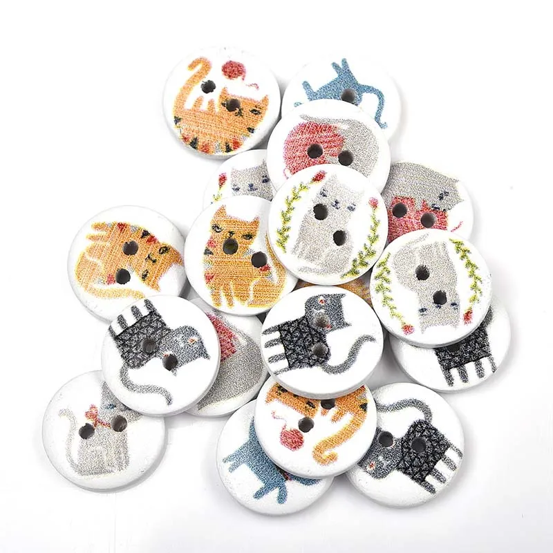 50Pcs 2 Holes Princess Cat Heart Robot Printed Wooden Button Round 15mm Decorative Wood Buttons For Clothing Sewing Decoration