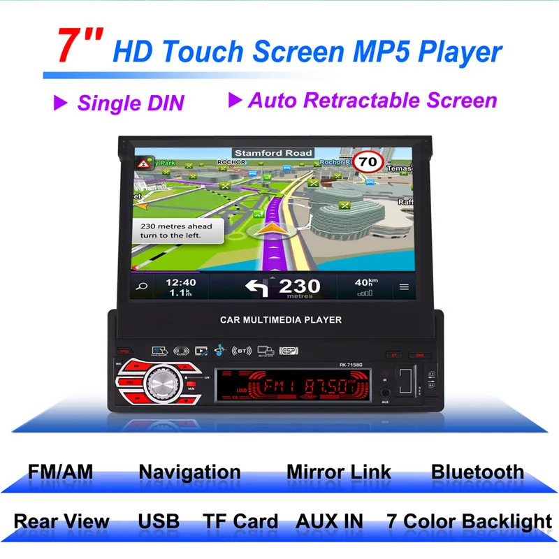 

RK-7158G Car Radio Media Multimedia Player Full Retractable Screen MP5 /MP4 / MP3 GPS Navigation Rearview camera Mirror Link