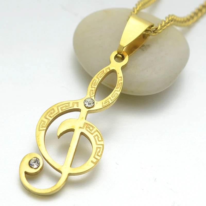 Gold Tone Stainless Steel Music Note Musician Charm Pendant Necklace