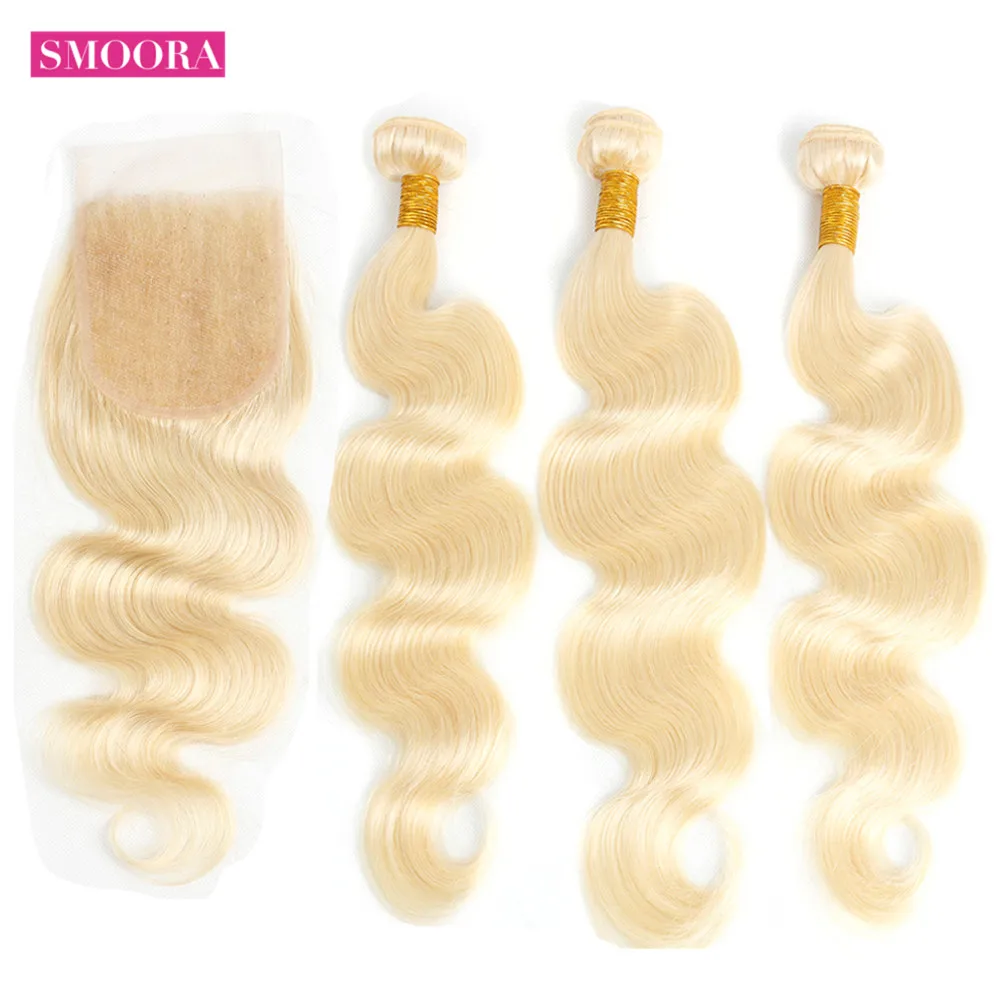 

Smoora 613 Bundles with Closure Body Wave Peruvian Non Remy Human Hair Weave 3 Pcs Blonde Bundles with Closure 4*4 Free Part