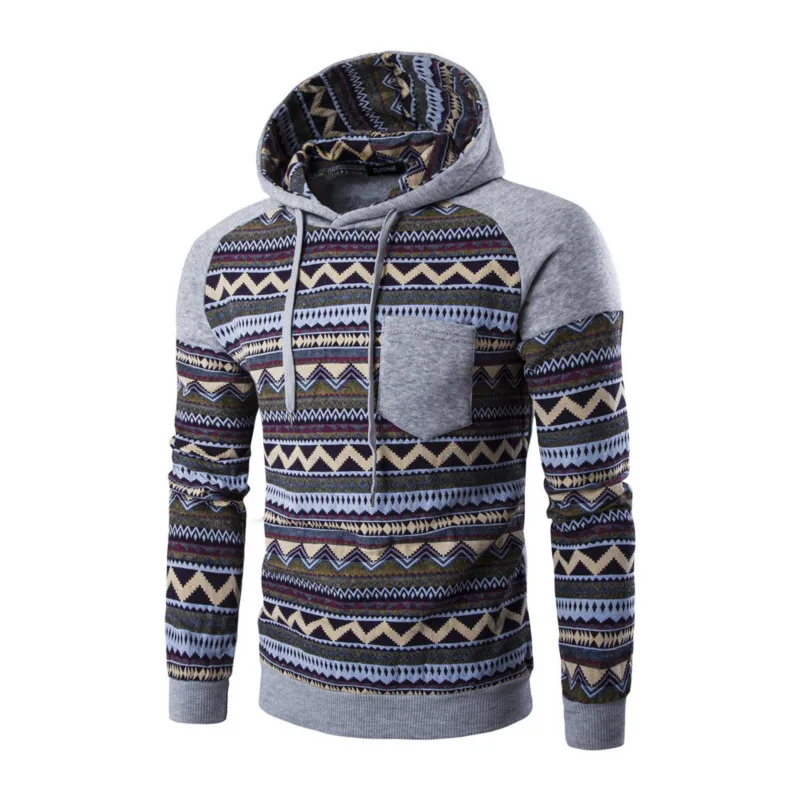 Raglan Sleeve Aztec Tribal Print Hoodie Teen Men Color Block Geometric Pattern Pocket Hooded Sweatshirt Bohemia Winter Outfits