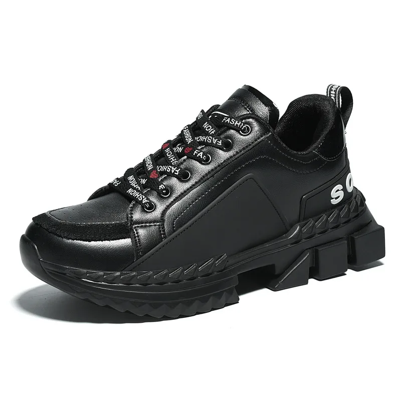 Мужские массивные кроссовки в стиле хип-хоп; обувь для папы; обувь на высокой платформе; классические белые кожаные кроссовки Kanye; Tenis Masculino - Цвет: Черный