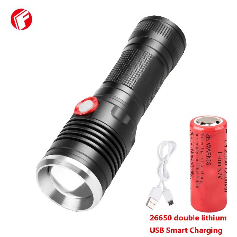 USB Flashlight led rechargeable 26650 Double lithium battery Cree xm l2