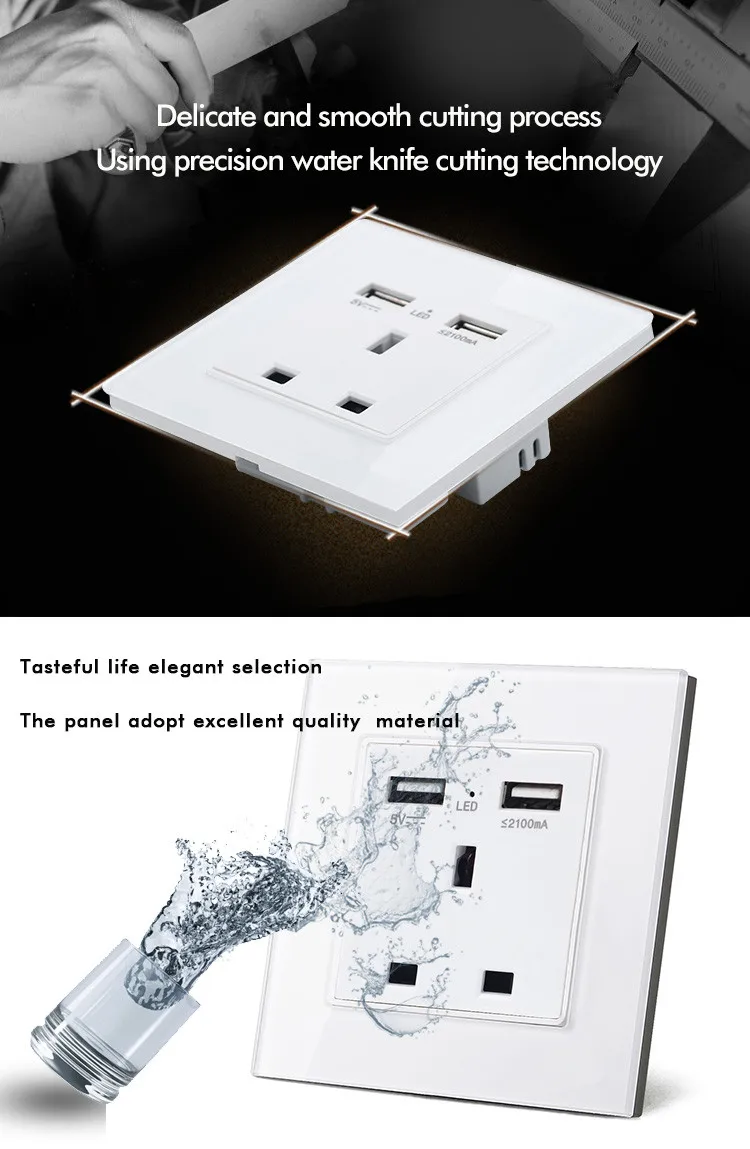 Великобритания Стандартный 1 gang розетка с 2 USB chargering, 3 Pin стеклянная панель розетки и 2100mA USB дюбеля выходе