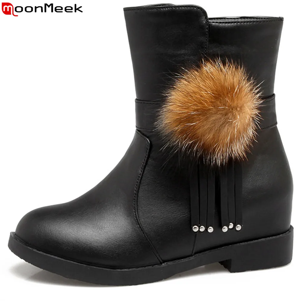 

MoonMeek black pink beige fashion women shoes round toe height increasing ladies boots Hair ball ankle boots big size 33-43