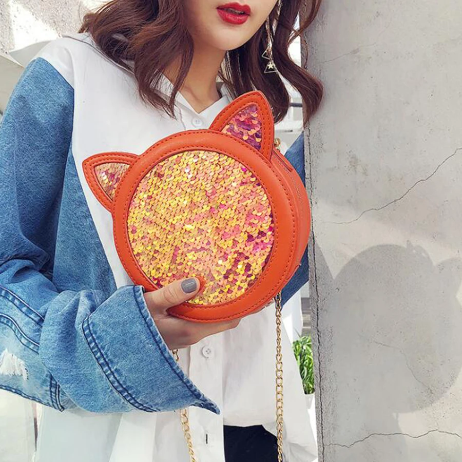 

Cute Kawaii Cartoon Cat Ears Sequin Round Leather Small Bags Women Pu Chains Handbag Purse Mini Ladies Messenger Crossbody Bag