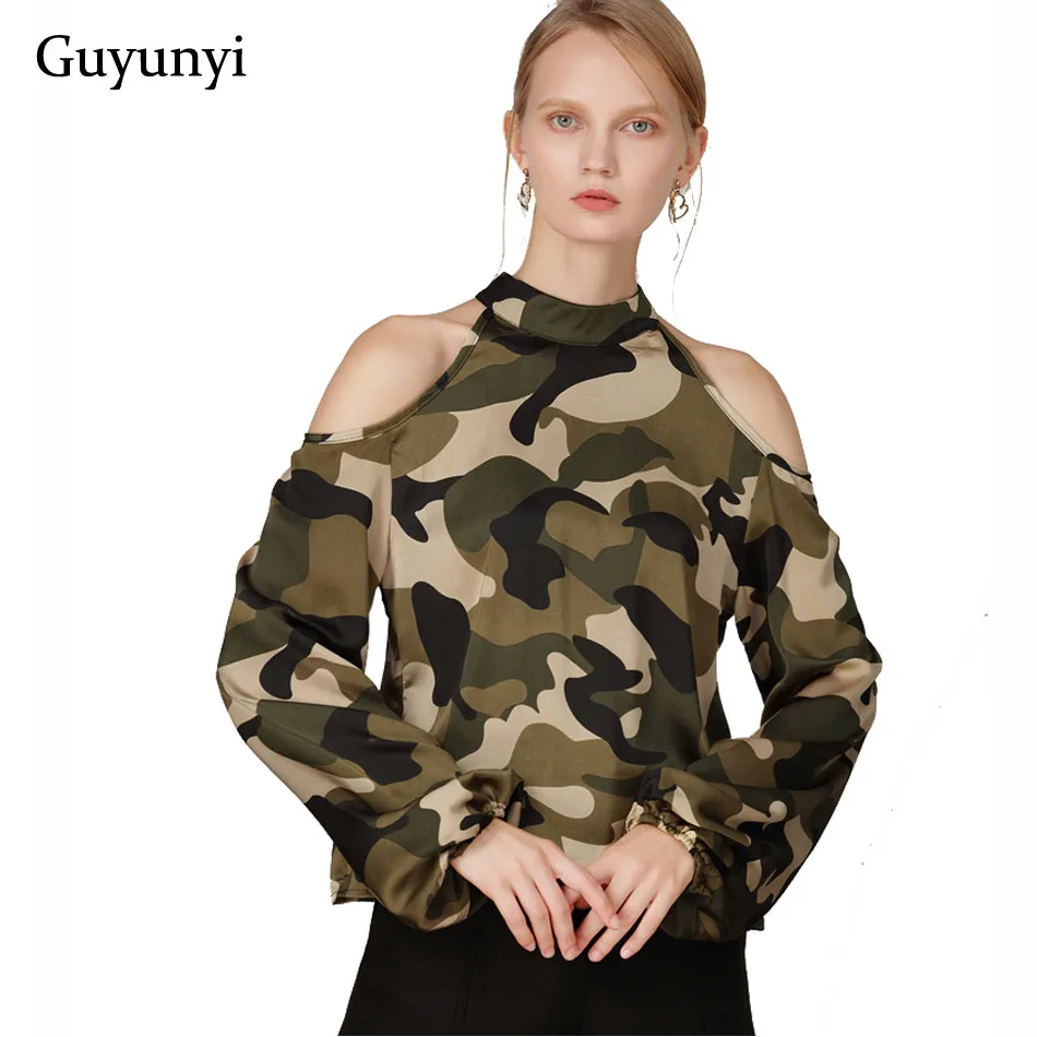 

2019 New Fashion Blouses Spring Chiffon Camouflage Hollow Out Strapless Shoulder Stand Neck Chiffon Shirts Top Women's Hot Sale