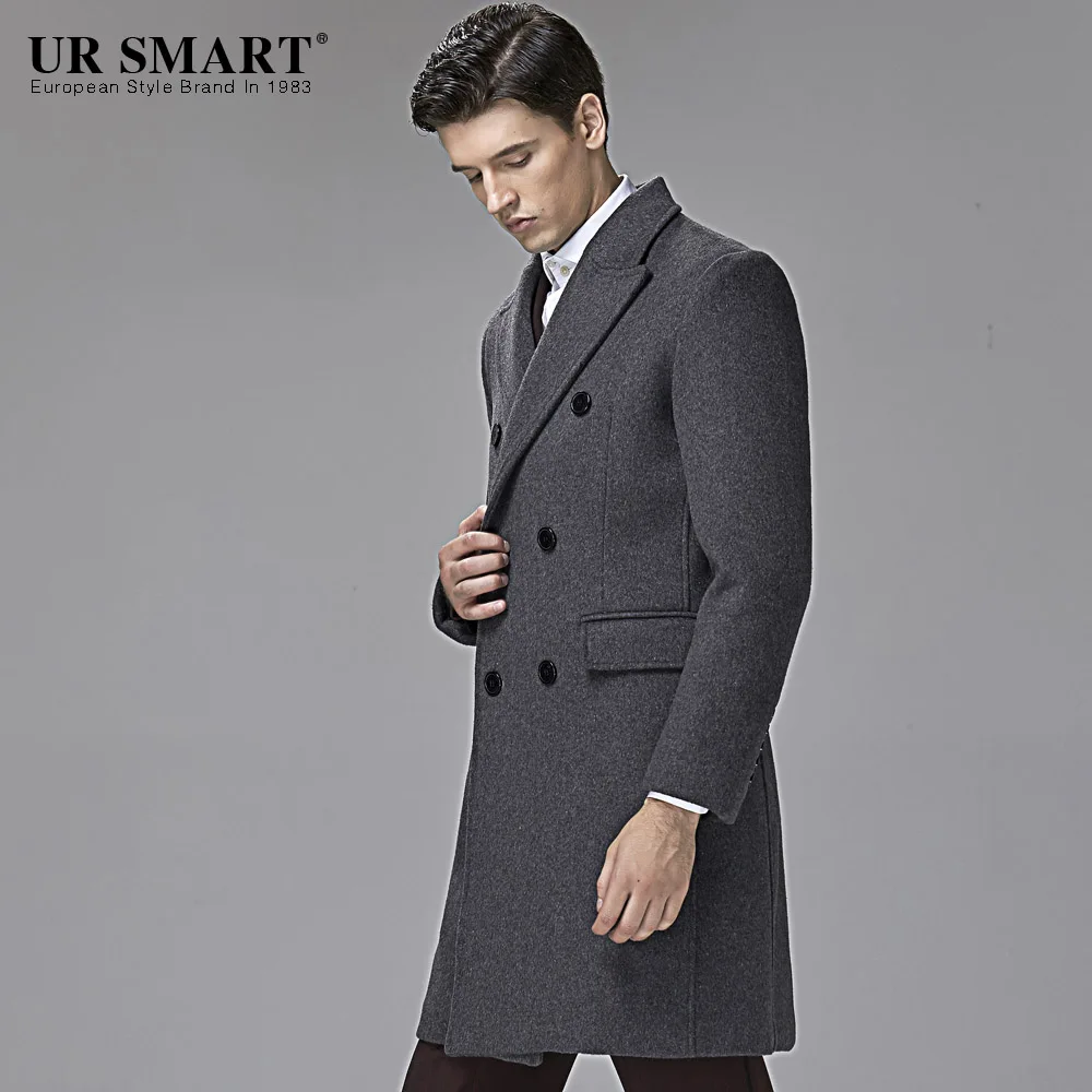Известный бренд стиль URSMART Новая зимняя мужская черная шерстяная куртка двубортная деловая мужская куртка - Цвет: Deep charcoal ash