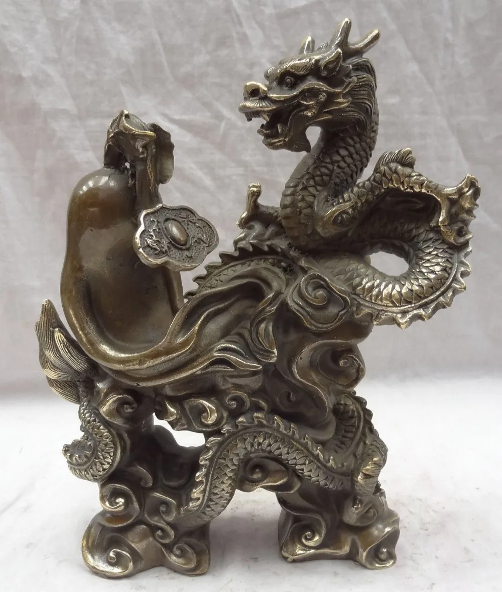 

009095 10" Chinese Bronze Copper FengShui Year Zodiac Panax RuYi Fly Dragon Head Statue