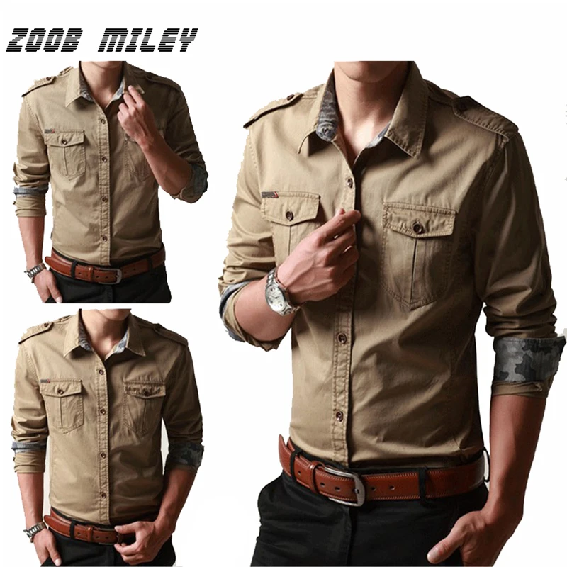 En Ligne ZOOB MILEY Plus La Taille À Manches Longues Automne Hommes Militaire de L armée Cargo Shirt 100% COTON Casual Hommes de Chemises D uniformes De Travail Loose Fit