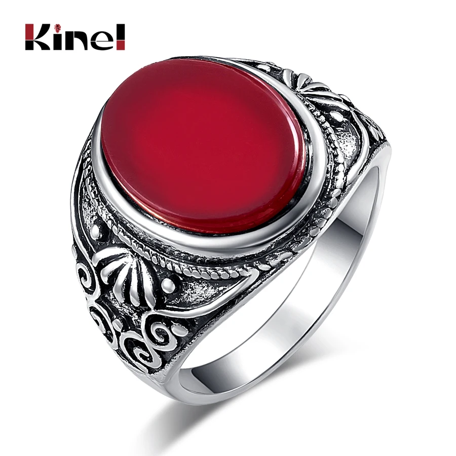 

Kinel Classic Vintage Ring Ethnic Textured Jewelry Fashion Tibetan Antique Silver Red Stone Rings For Men Free Shipping