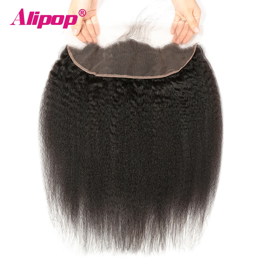 ALIPOP Pre Plucked Peruvian Kinky Straight Lace Frontal Closure With Baby Hair Remy Human Hair Natural Hairline Natural Black 1B (19)