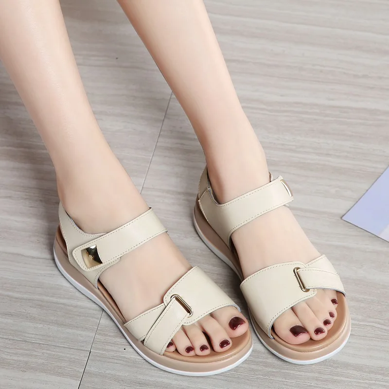 DONGNANFENG Women Female Ladies Mother Genuine Leather Shoes Sandals Flats Soft Hook Loop Korean Bling Summer Beach NM-1003-1