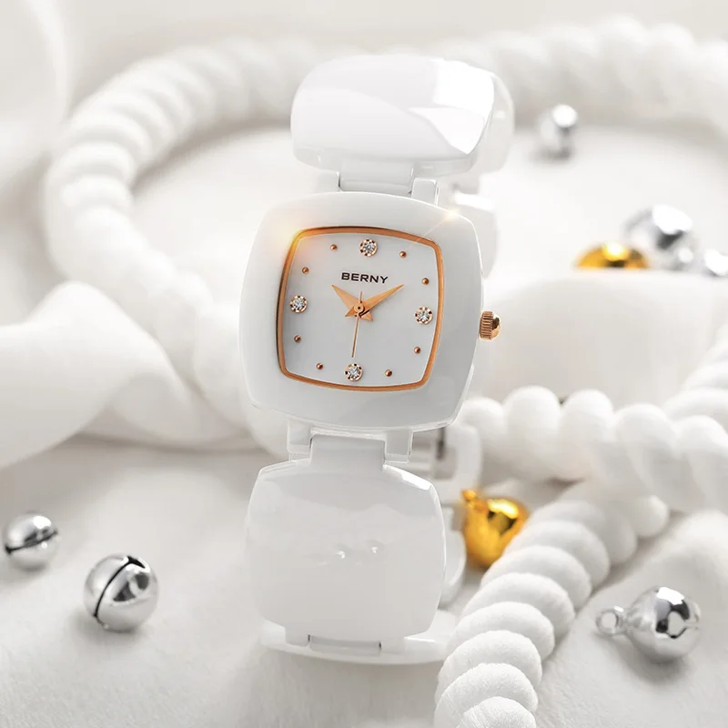 BERNY роскошные керамические Женские кварцевые наручные часы керамические женские часы модные белые керамические женские часы Рождественский подарок