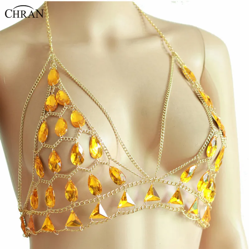 Chran Sexy Mesh Chain Bra Bikini Sequin Halter Harness Body Chain