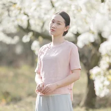 Китайский Стиль Для женщин в стиле ретро для женщин летние куртка легкая тонкая вентиляции чистого рами футболка с коротким рукавом розовый D880
