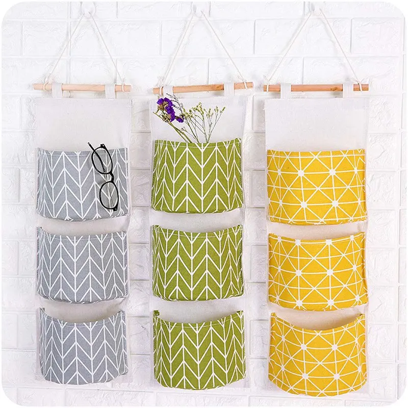 Creative Linen Cotton Waterproof Geometic Three Storage Pockets Wall