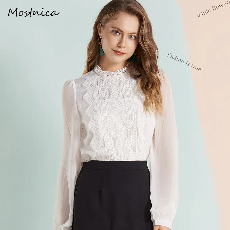 

Mostnica OL Lace White Elegant Shirts for Women Formal Embroidery Chiffon Puff Sleeves Summer Woman Blouses Office Commute Tops