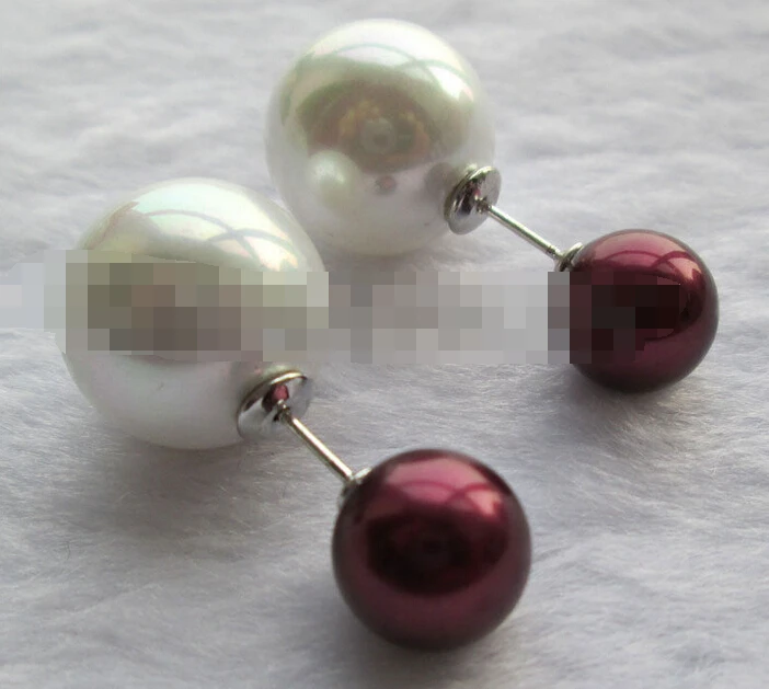 

FREE SHIPPING>>> free shipping 00330 wine red + white perfect round sea shell pearl earring
