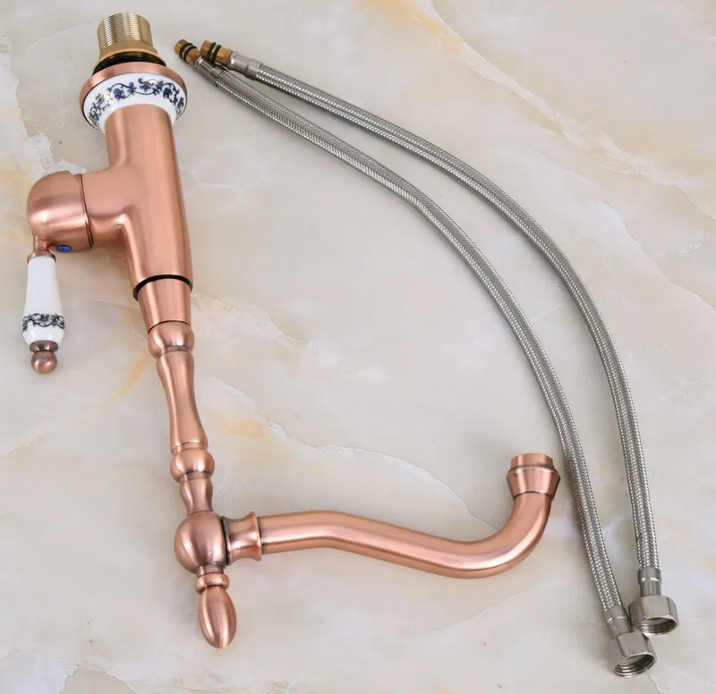 Antique Red Copper Brass Ceramic Base Kitchen Wet Bar Bathroom Vessel Sink Faucet Single Hole Swivel Spout Mixer Tap anf624