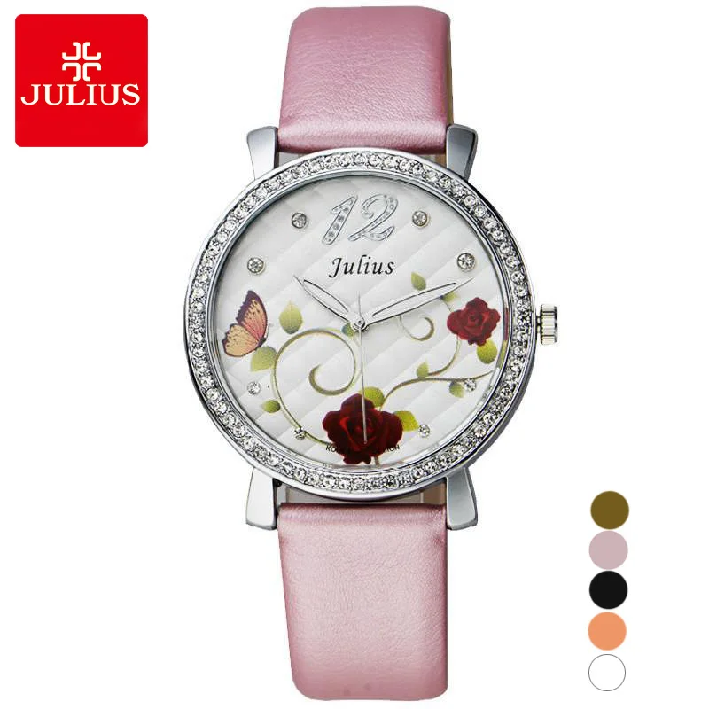 Цветок розы Япония Кварцевые женские часы элегантный решетки Мода час браслет кожа часы девушки подарок на день рождения Julius Box