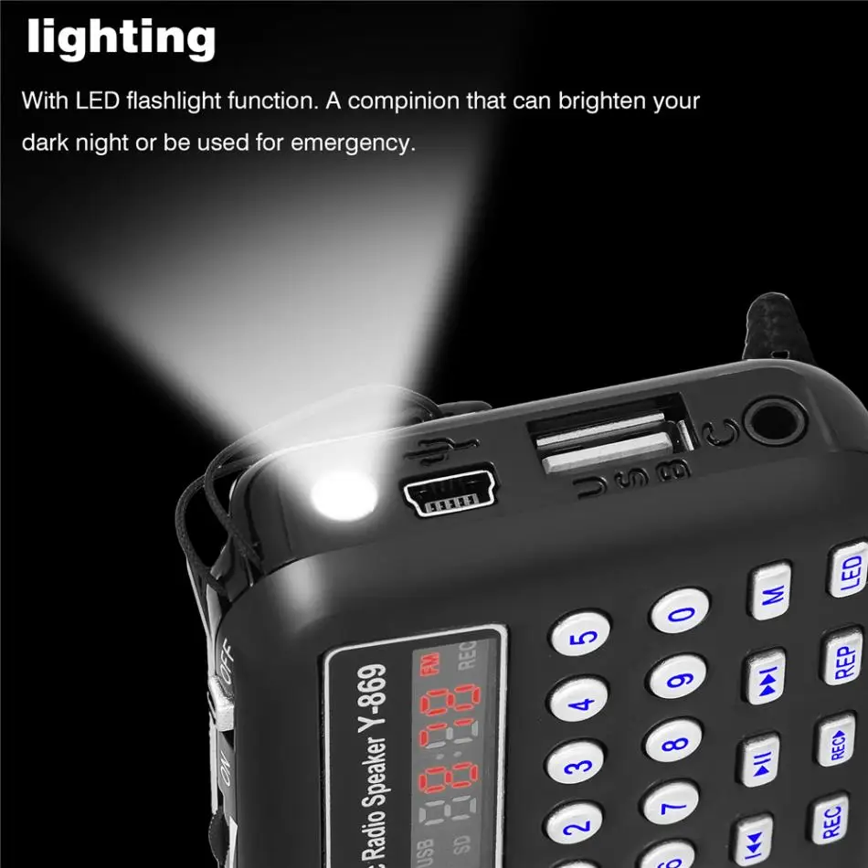 Y 869 Portable FM Radio with Antenna Digital Audio Music Player Mini Speaker LED Flashlight Support TF Card USB Disk 100% New-in Radio from Consumer ...