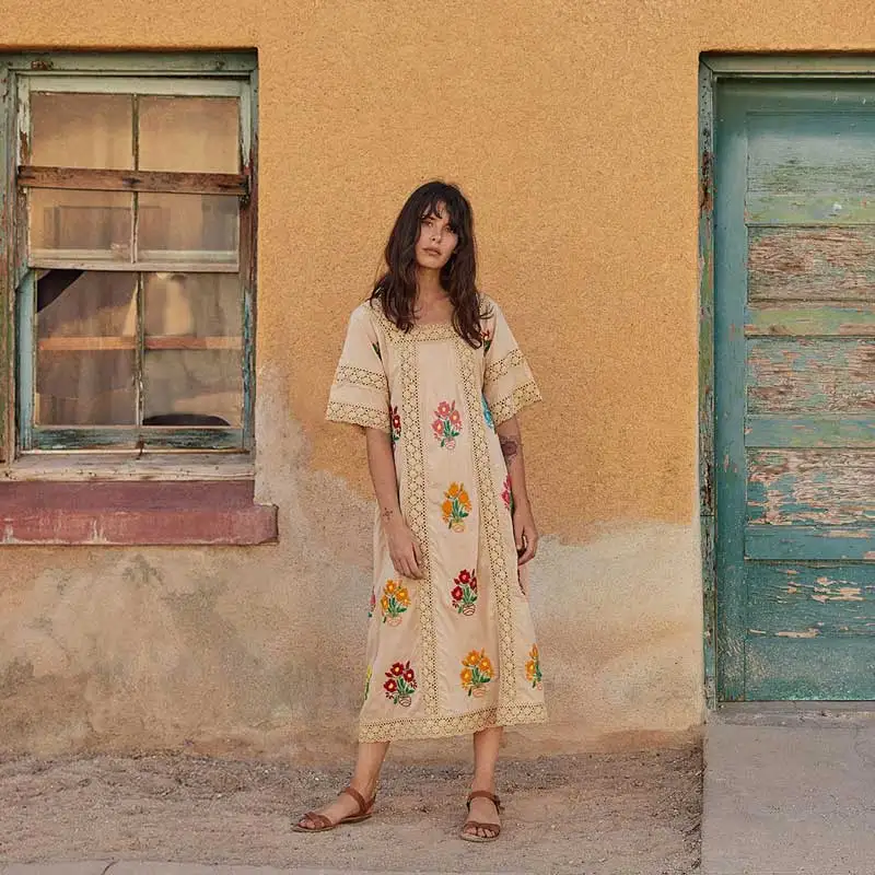 Vintge boho платье шикарное свободное цветочное кружевное платье с вышивкой с квадратным вырезом шикарное летнее платье женское Цыганский богемный vestidos - Цвет: milky tea